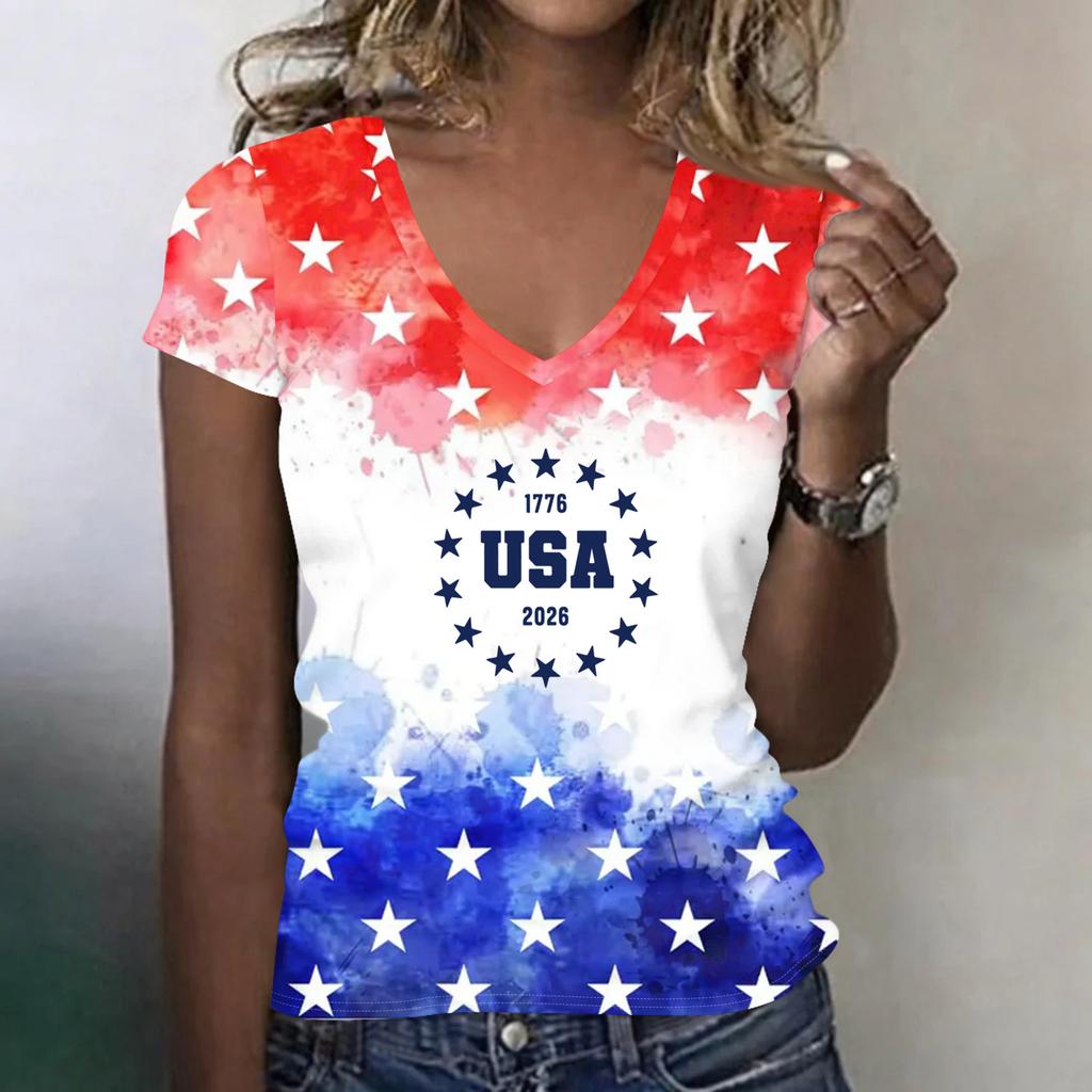Women V Neck Short Sleeve Lightweight Top USA Patriotic Print Independence Day Casual Tee Shirt