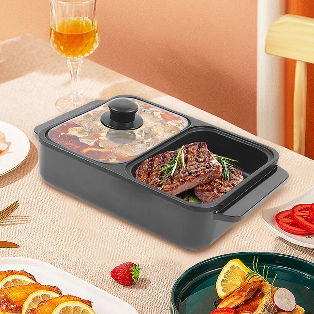 2-in-1 Indoor Antihaft-Elektro-Hot Pot und Pfanne, Tragbarer Multifunktionaler Rauchloser Koreanischer BBQ-Grill, Geeignet für 1-2 Personen