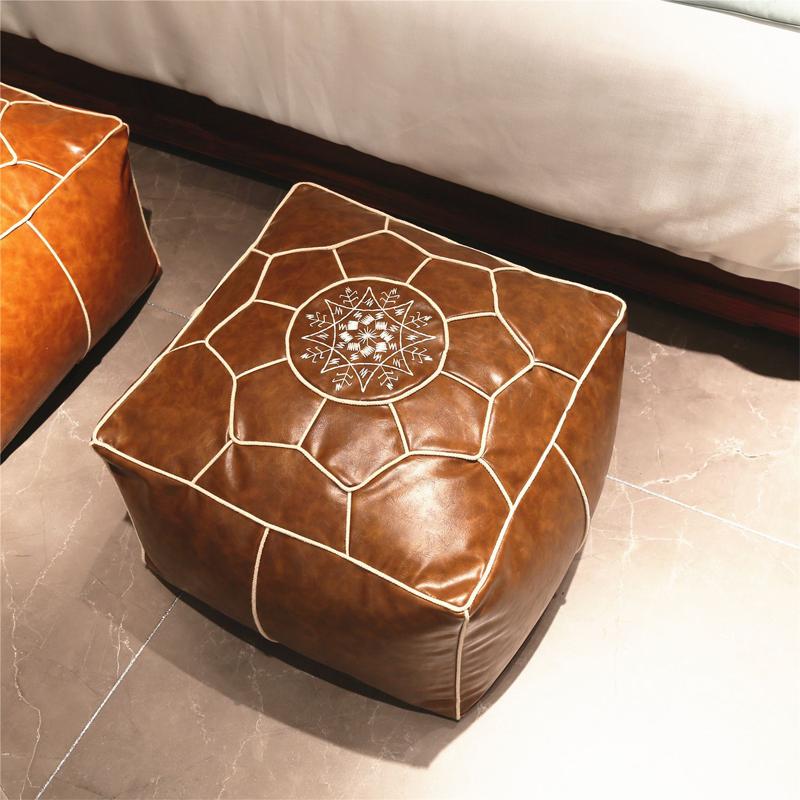 Embroider Craft Moroccan Cushion PU Leather Pouf Floor Seat Hassock Ottoman Footstool Large Unstuffed Tatami Cushion Futon