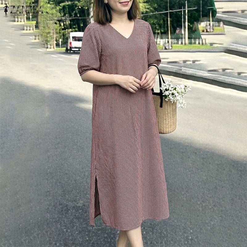 ZANZEA Women Grid Print Casual V-Neck Loose Half Sleeve Dress