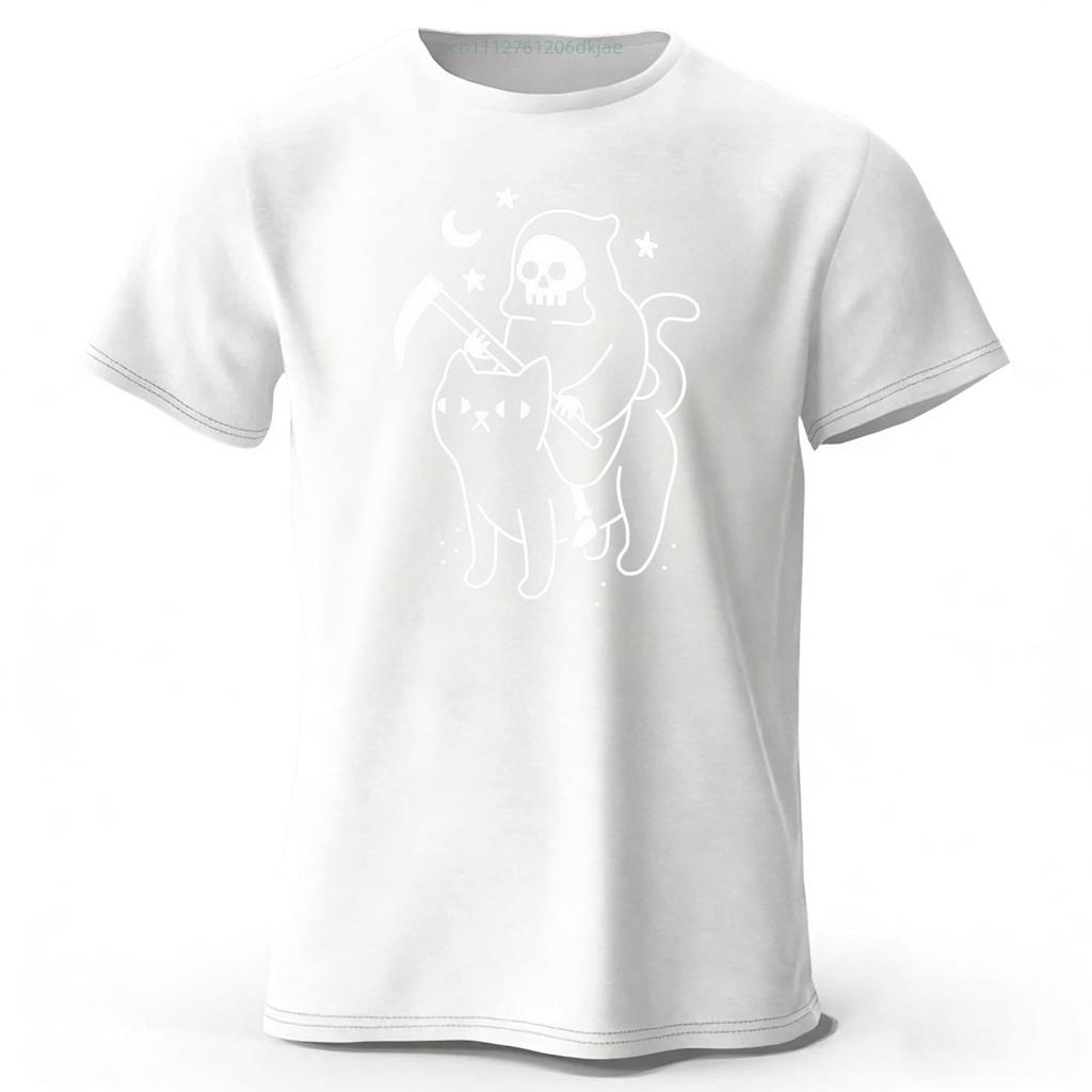 New Cute Death Cat Pure Cotton Tshirt for Men Large Size Loose Speed Drying Sports Top for Women Casual Fashion Short Sleeve