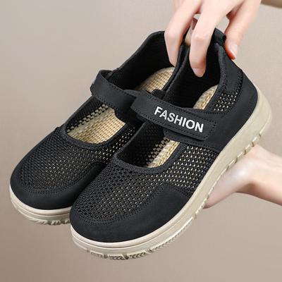 Shoes Women's Shoes Versatile Summer Velcro Flying Woven Casual Shoes New Flat Net Shoes Middle-aged and Elderly Mother Shoes