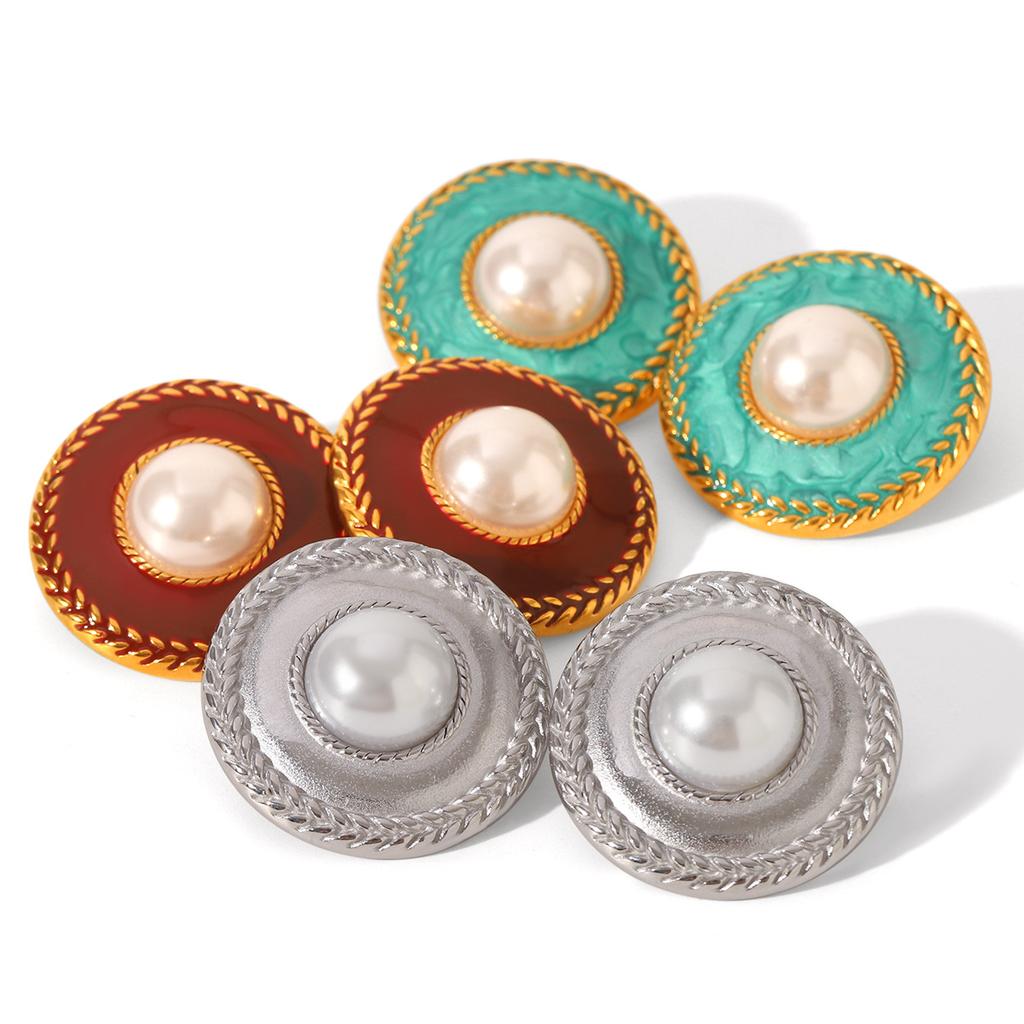 French court style stainless steel oil-drop earrings with pearl studs, retro elegant ear jewelry design