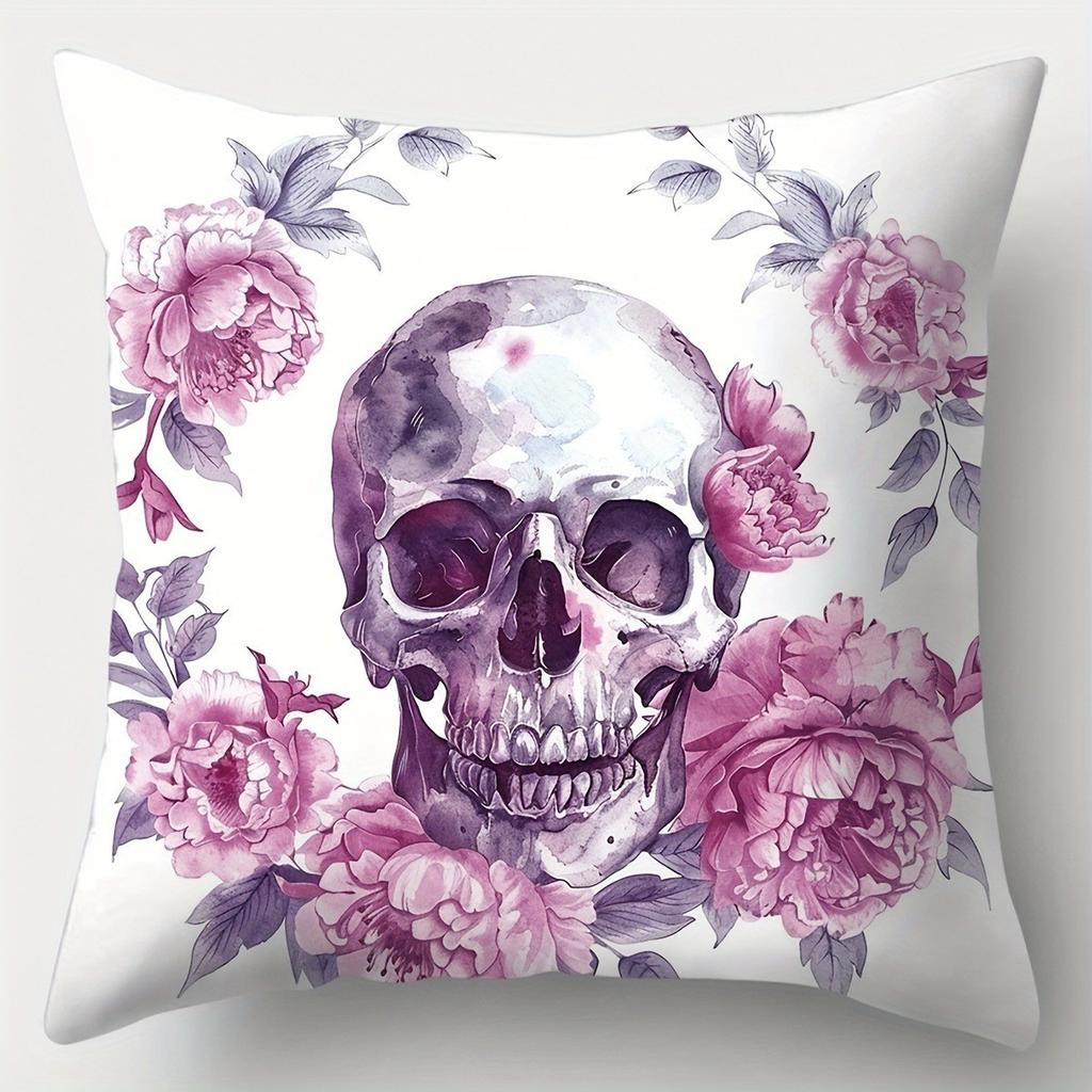 Watercolor Skulls With Floral Patterns Pillow Covers Pattern Cushion Cover Suitable For Sofa Bedroom Car Pillow Cover