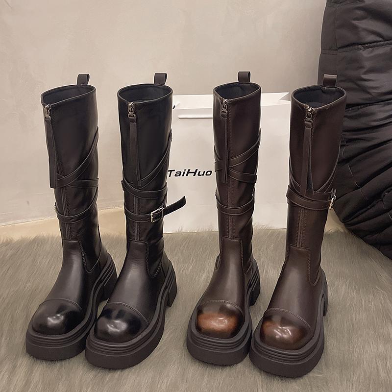 Damen Hohe Stiefel Frau Rutschfeste Gürtelschnalle Winter PU Leder Kniehohe Stiefel Damen Klobige Plateaustiefel Lange Stiefel 5452