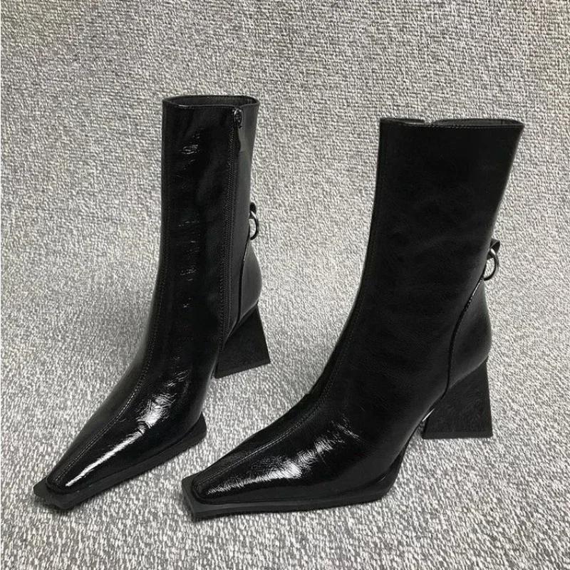 2024 Autumn New Small Square Head Thick High Heel Short Boots Riding Boots High Heels Fashion Boots Shaped Triangle Heel 35-40