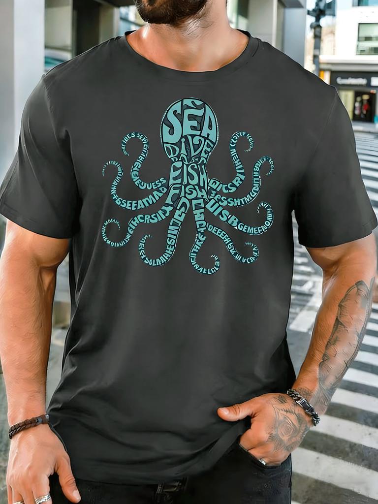 Word Art Octopus Sea Dive Text Graphic Unisexs Front Print T Shirt Ocean Creature Tee Casual Short Sleeve Top Sea Diving Lover Gift