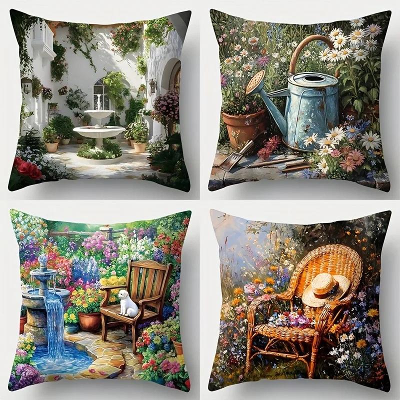 Charming Garden Scene Pillowcasesliving Room Sofa Cushion Cover, Soft And Comfortable, Bedroom Room Decoration
