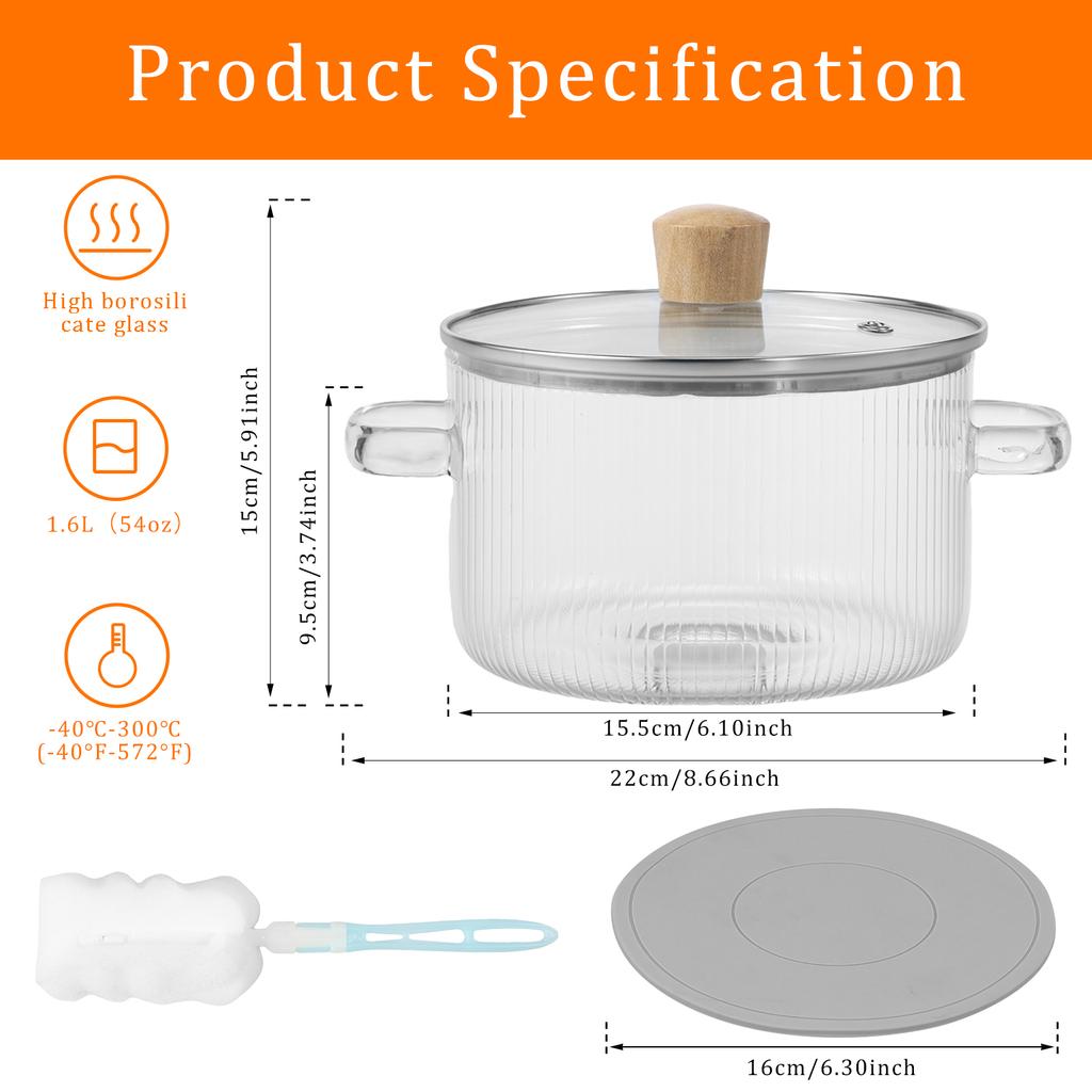 Glass Saucepan Clear Cooking Pot with Lid 1.6L Heat Resistant Glass Soup Pot Dual Handles Glass Saucepan Kitchen Cooking Tools