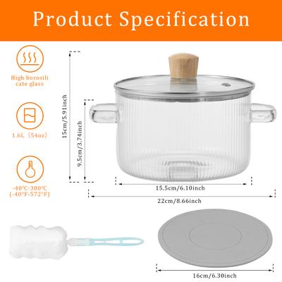 1.6L Glass Cooking Pot With Lid Glass Saucepan Cereal Bowls Pot for Stove High Borosilicate Clear Cooking Soup Baking Pans
