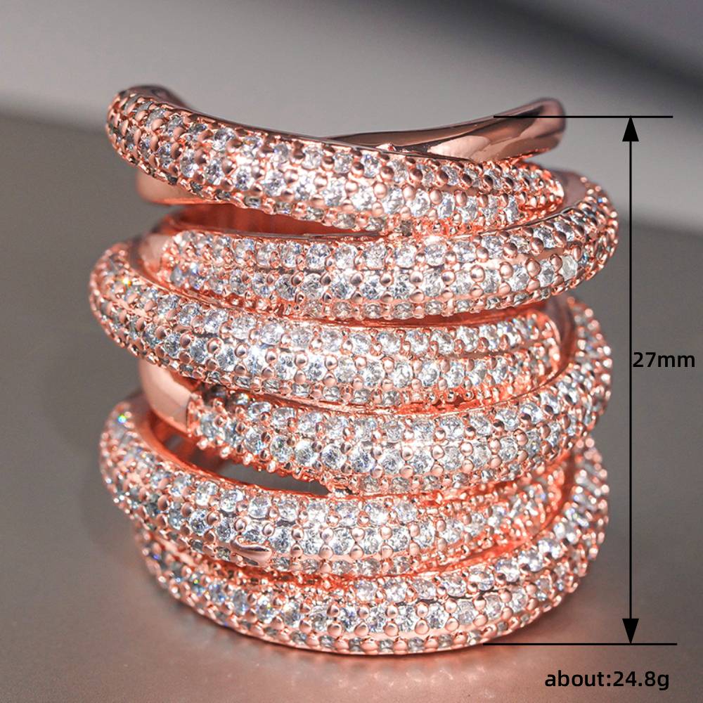 Huitan Multi-layer Women Ring Rose Gold Color Inlaid Shiny Cubic Zirconia Party Statement Accessories for Wedding Chic Jewelry