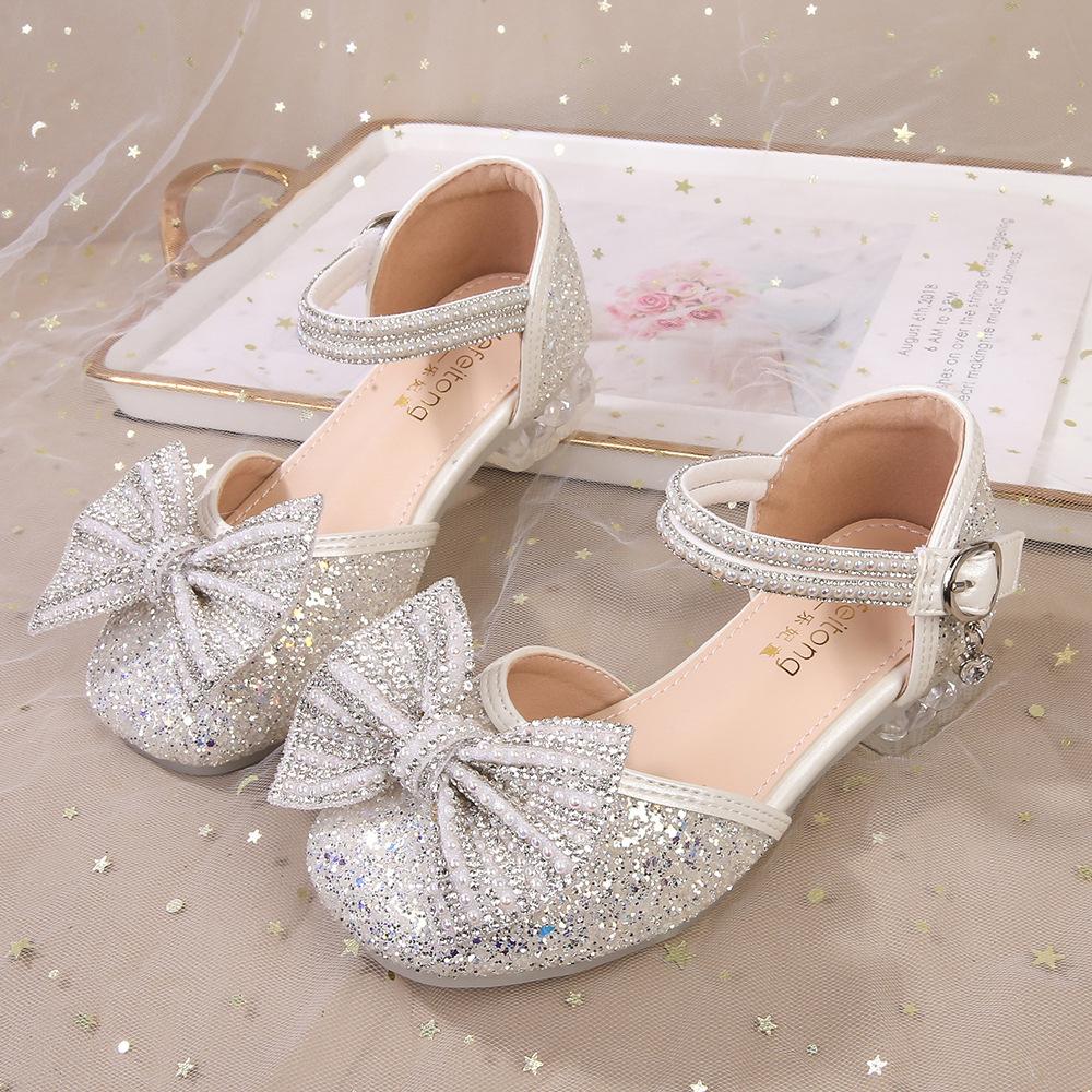 Girls' Sandals silver High Heels Summer New Transparent Soft Sole Bow Girls' Princess Shoes Women's Leather Shoes