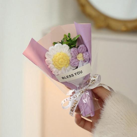 Crochet Flower Bouquet Handmade Knitted Mini Artificial Bouquet Fake Puff Flower Gift for Mother Wife On Birthday Anniversary