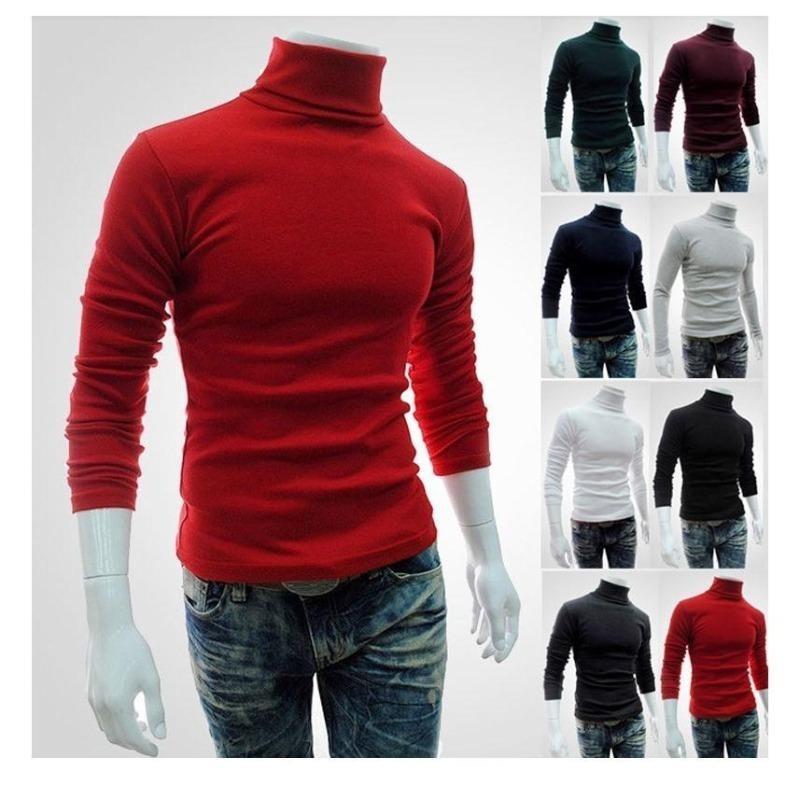 New Men's Solid Color T-shirt High Collar Long Sleeve Spring Autumn Winter Bottoming Shirt Knitted Sweater Korean Version Pullover