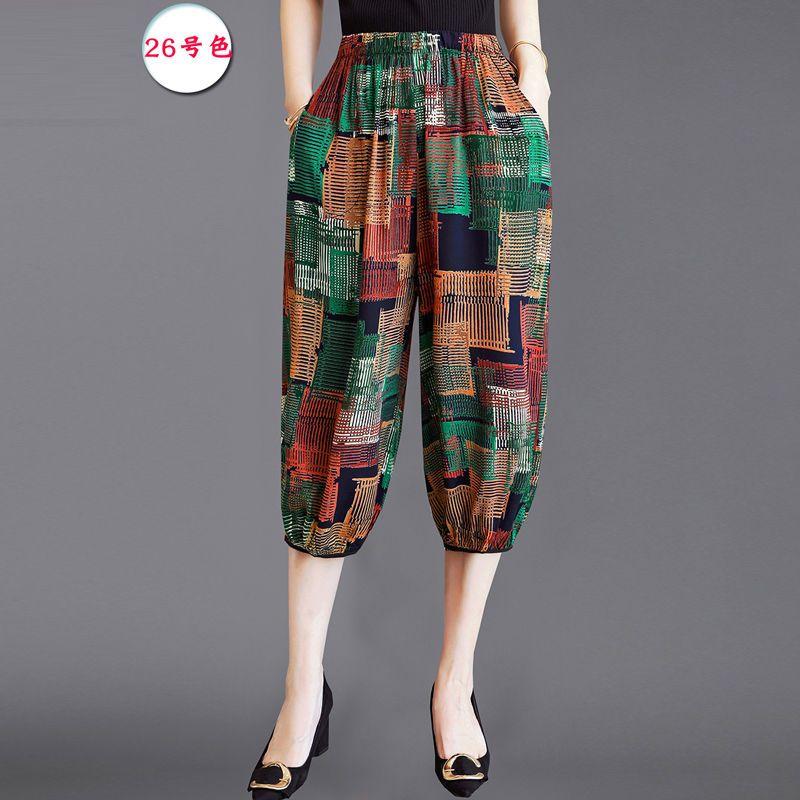 

Летние брюки из хлопка и шелка с цветочным принтом, свободные широкие брюки-фонарики, тонкие женские брюки длиной семь дюймов для людей среднего и пожилого возраста, которые носят шорты на улице 3XL