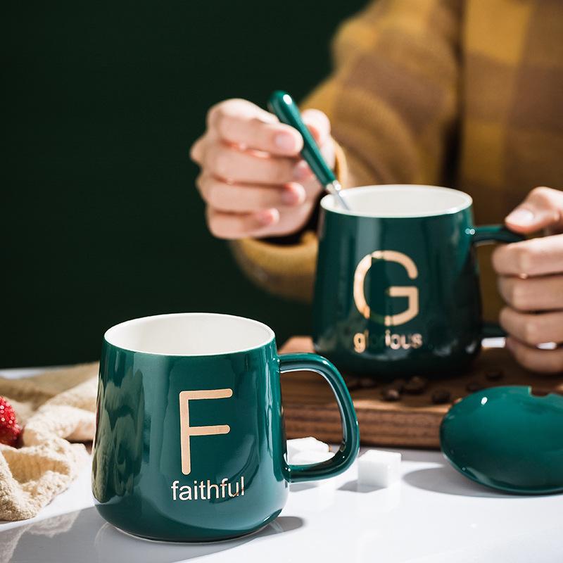 Ceramic Cup Household Printing Creative Personality Trend With Lid Spoon Office Couple Water Cup