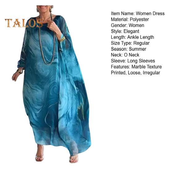 Rochie maxi pentru femei, fluidă, cu gât rotund, mâneci liliac neregulate, cu texturi de marmură, imprimate supradimensionate, până la gleznă, ocazională.