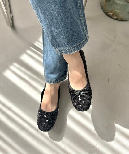 Jumpable Pumps, Flats, Sequined, Square Toe, Sparkly, Lightweight, Cushioned, Washable Insole, Perfect for Ceremonies and Occasions, R-3216