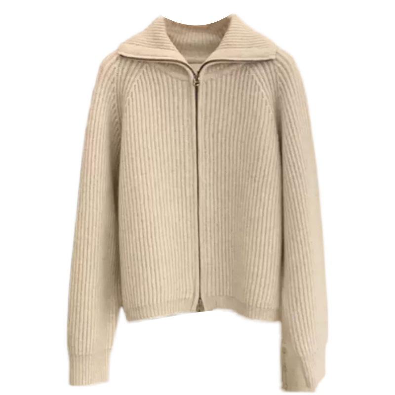 Wool Zipper Cardigan Padded Shoulder Stand Collar Women's Cashmere Knitted Coat