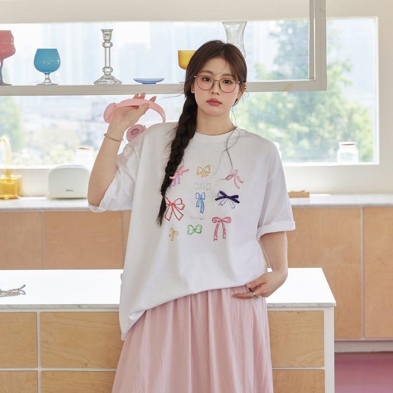 

Ladies Plus Size Slightly Oversized Girls Flab Hiding Slimming Suit Women s K-style Younger Short Sleeve T-shirt Pink High Waist Skirt