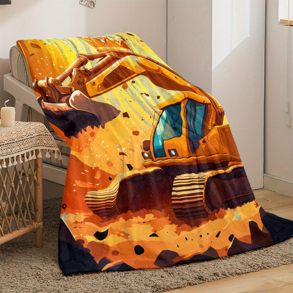 Bagger König Krone Gelb Orange Decke Weicher Flanell Überwurf Kinderzimmer Dekor Ingenieurspielzeug Thema