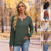 Crew Neck Top Women Ribbed Long Sleeve Top, Loose Casual Blouse with Button, Solid Spring Fall Color Pullover ShCrew Irt for Autumn