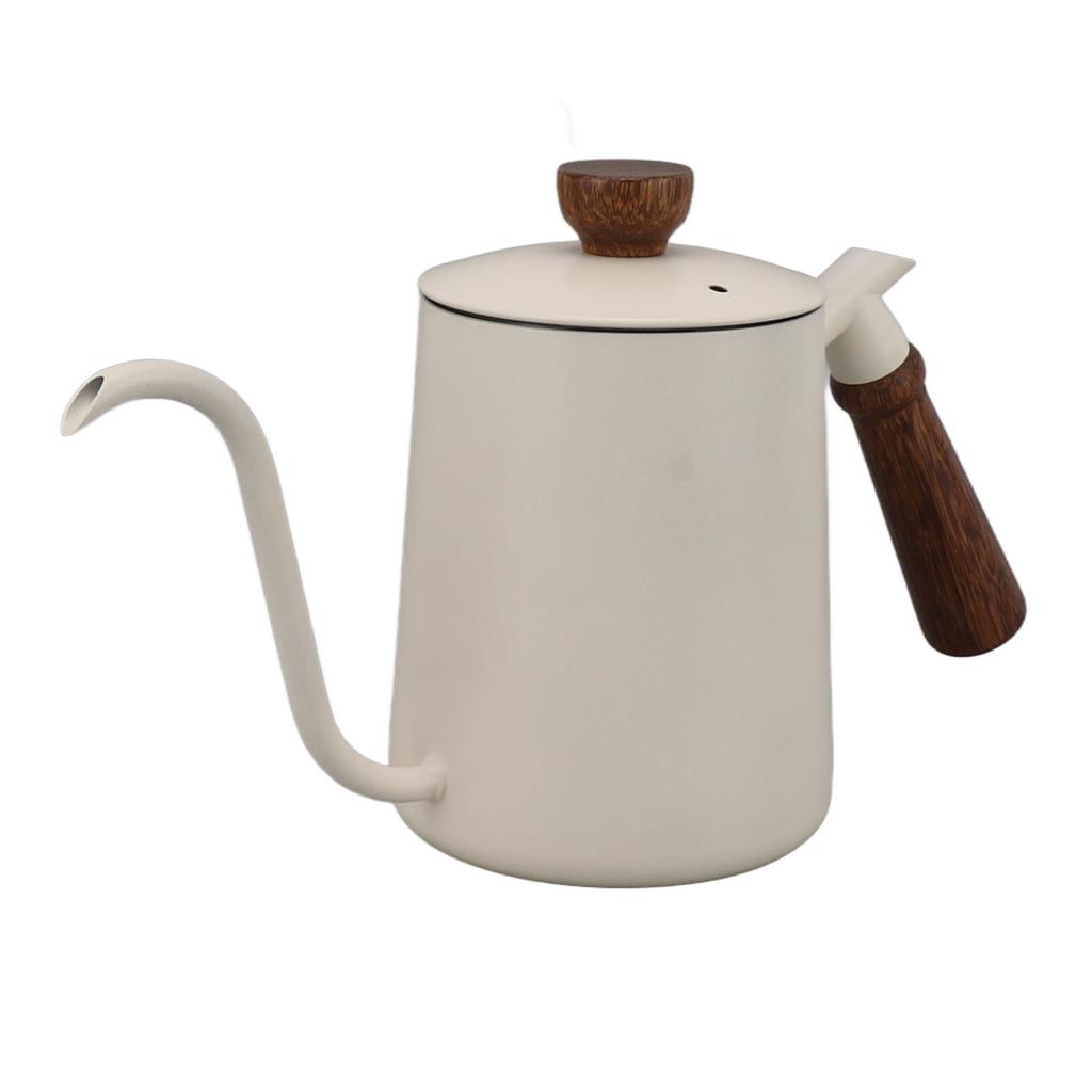 600ml Gooseneck Coffee Kettle 304 Stainless Steel Long Spout Kettle Wood Handle Pour Over Coffee Teapot White