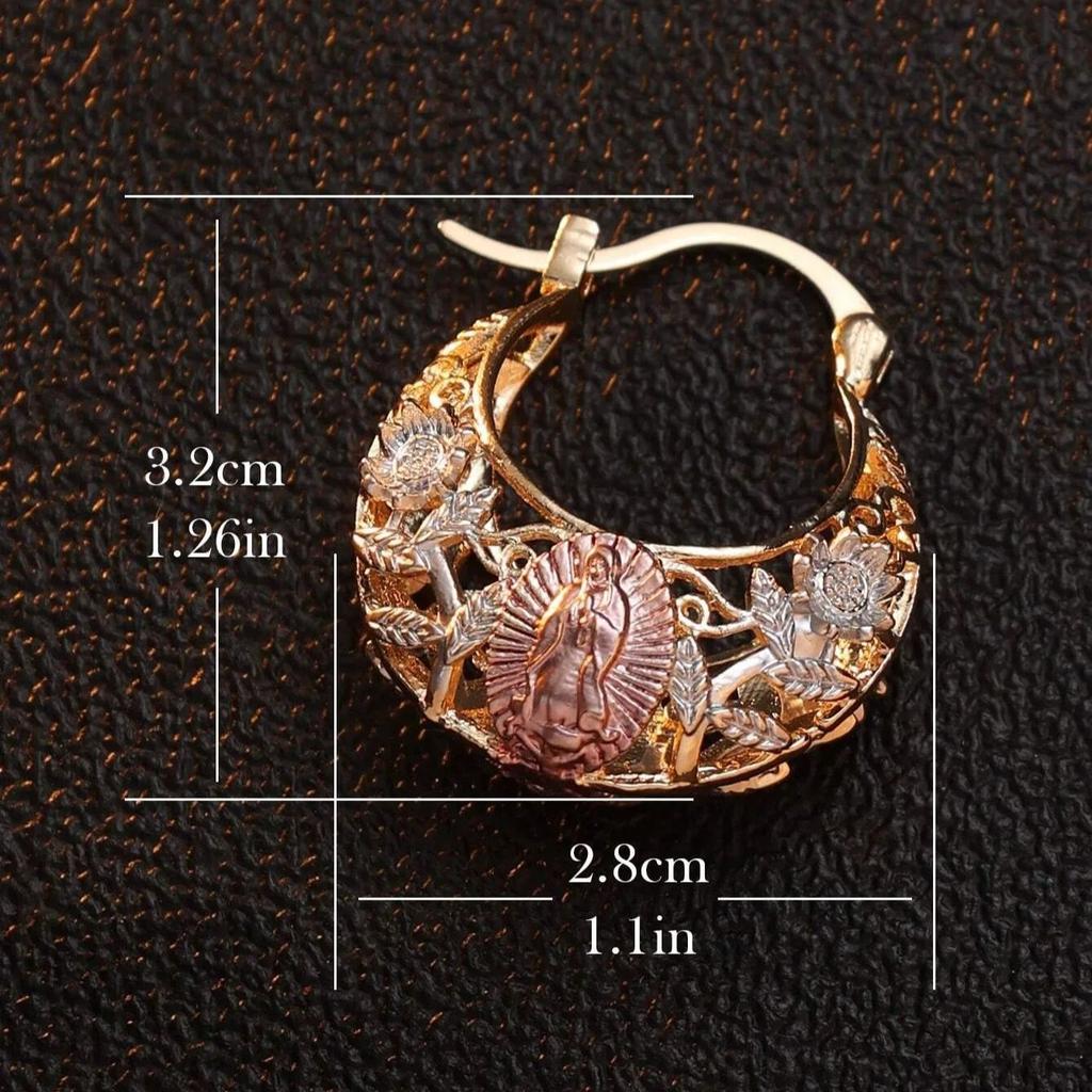 Vintage Our Lady of Guadalupe Hoop Earrings Hollow Floral Carving Religious Icon Design Gold Color Women's Party Jewelry