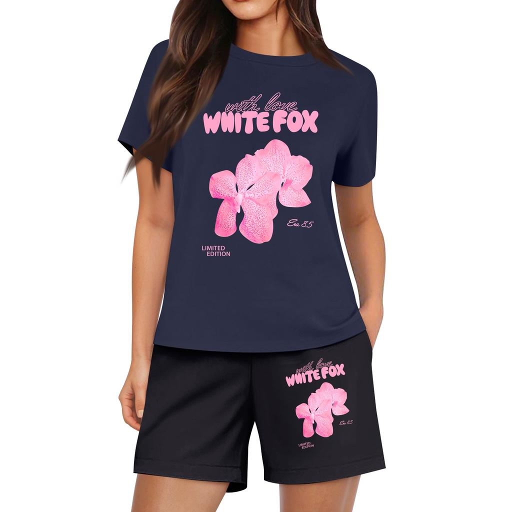 Ladies Casual Loose Letter Printed T Shirt Shorts Set