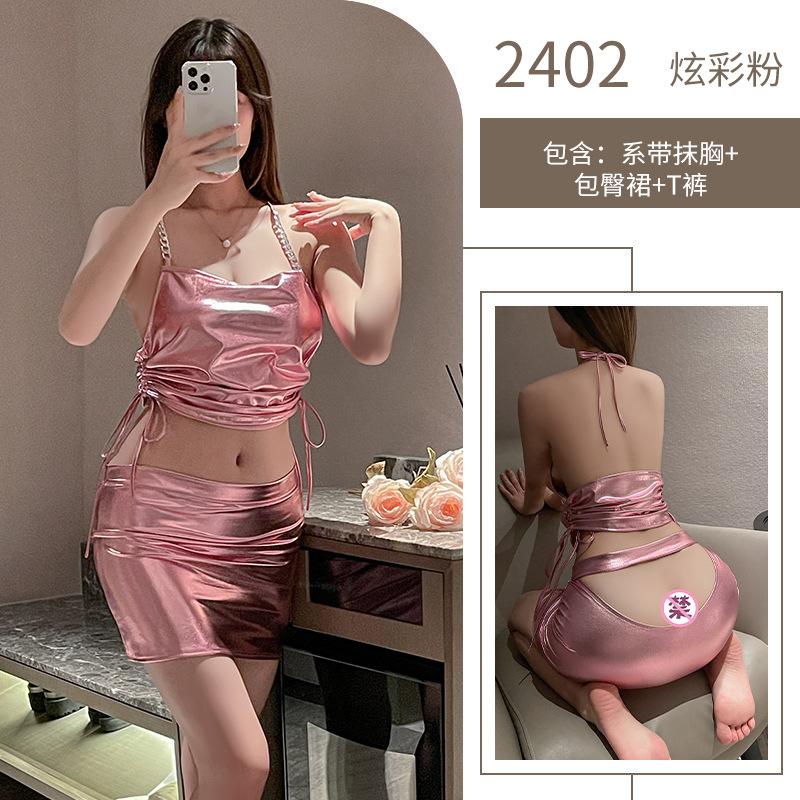 Sex underwear patent leather tight sexy hip skirt suspender backless nightclub royal sister sex uniform suit