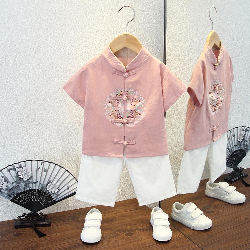 Completo Estivo da Ragazzo a Maniche Corte Stile Cinese per Bambini Hanbok Bello Completo Tang Cotone Lino Sezione Sottile di Abbigliamento Antico