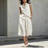 Damen Leinenmischung 2-teiliges ärmelloses Knopfhemd & Culotte Set Lässiges Sommer-Outfit
