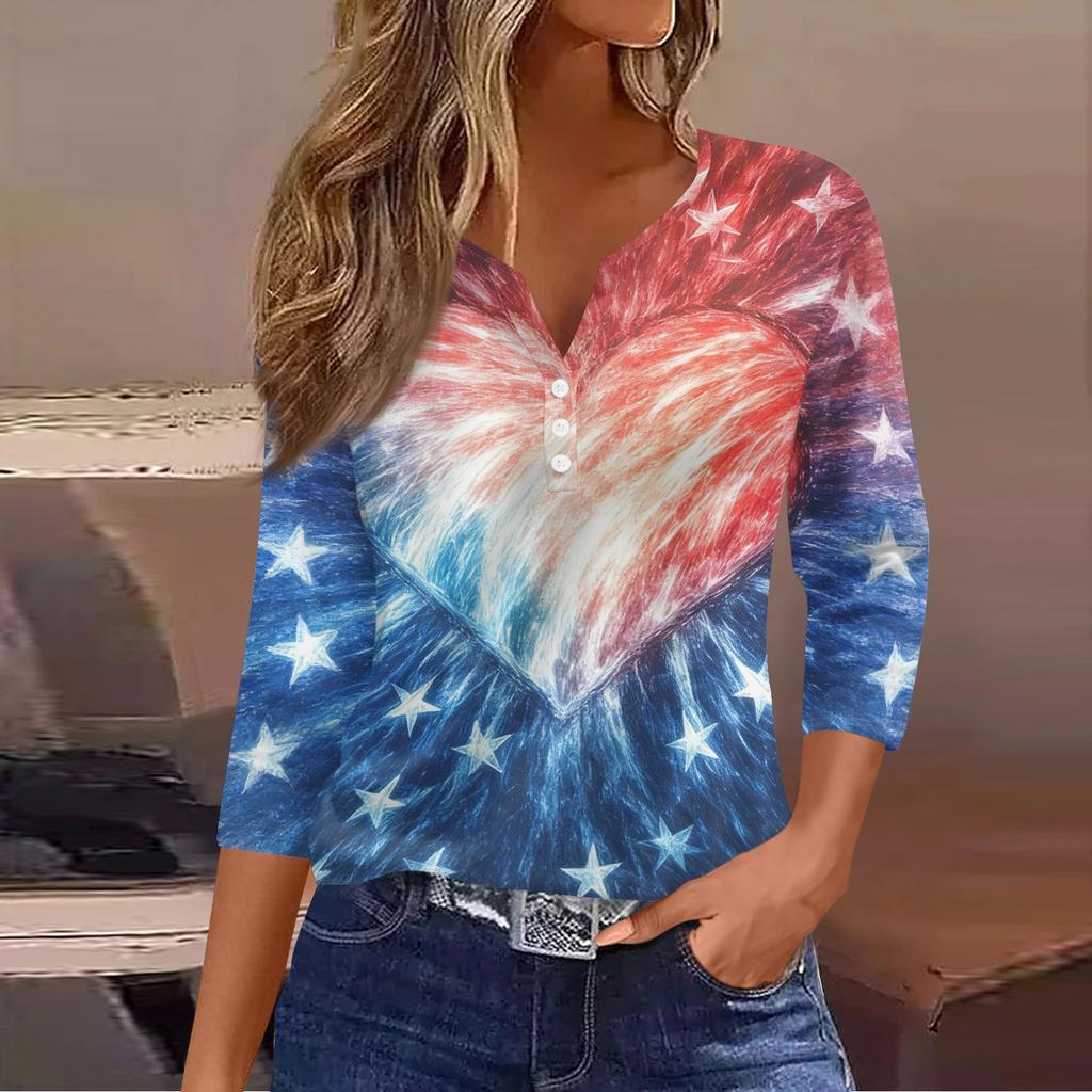 Women's Fashion Casual Independence Day American Flag Stars and Stripes Print Collar V-Neck Three-Quarter Sleeve Decorative Button-Up T-Shirt Top
