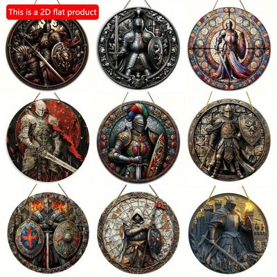 1pc 2d Flat Vintage Medieval Knight Art Sign - 20cm Round Wooden, Bar Cafe Porch Living Room Bedroom Home Decor, Rustic Style Creative Wall Decor