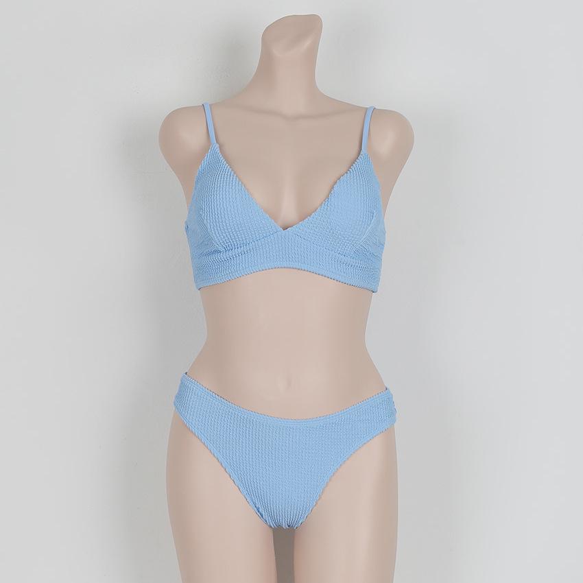 Textured Wave Stripe Small Black Bust-Gathering Three-Piece Bikini Set - Sexy Blue Women's Swimsuit for Pool and Beach.