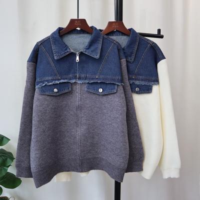 Autumn and Winter New Splicing Denim Knitted Cardigan Loose Casual Versatile Zipper Sweater Jacket Women