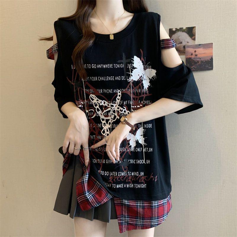 Women's Plus Size Butterfly Print Off-Shoulder Short Sleeve T-shirt - Flattering, Stylish & Versatile Summer Top