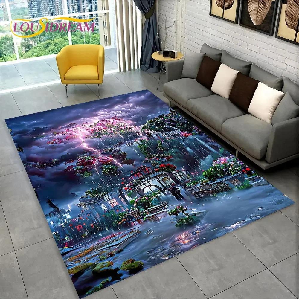 Crystal Velvet Carpet 3D Magic Castle Scenic Area Rug Non-Slip Floor Mat for Living Room Bedroom Kitchen Decor