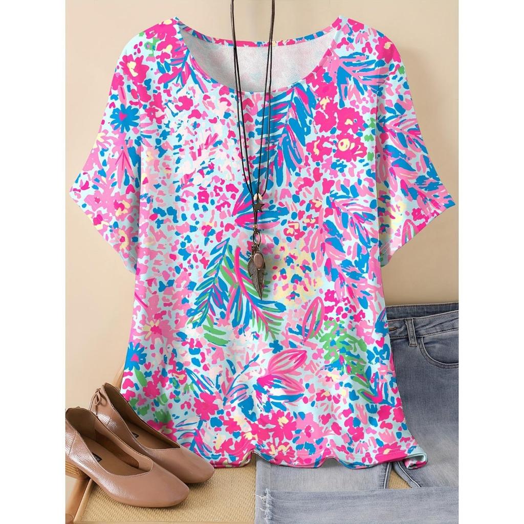 Summer Round Neck 3D Flower Pattern Print Top Fashionable Casual Short Sleeved Women's T-shirts