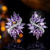 Pendientes de botón de flor con piedra de circón morado grande para mujer, color plata vintage, moda para bodas, para mujer