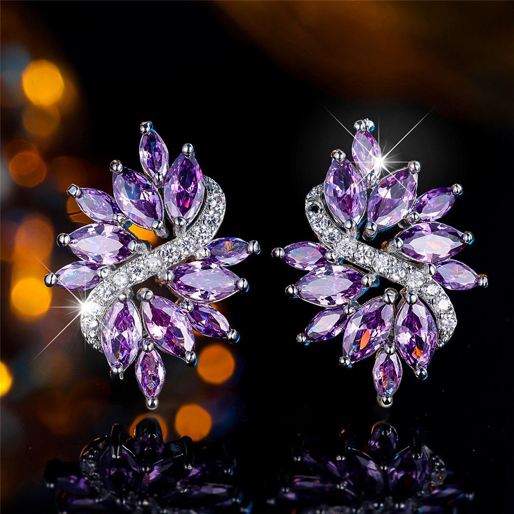 Kristall Ohrstecker mit großem lila Zirkonstein in Blumenform Vintage Silberfarbe Hochzeitsmode Für Frauen