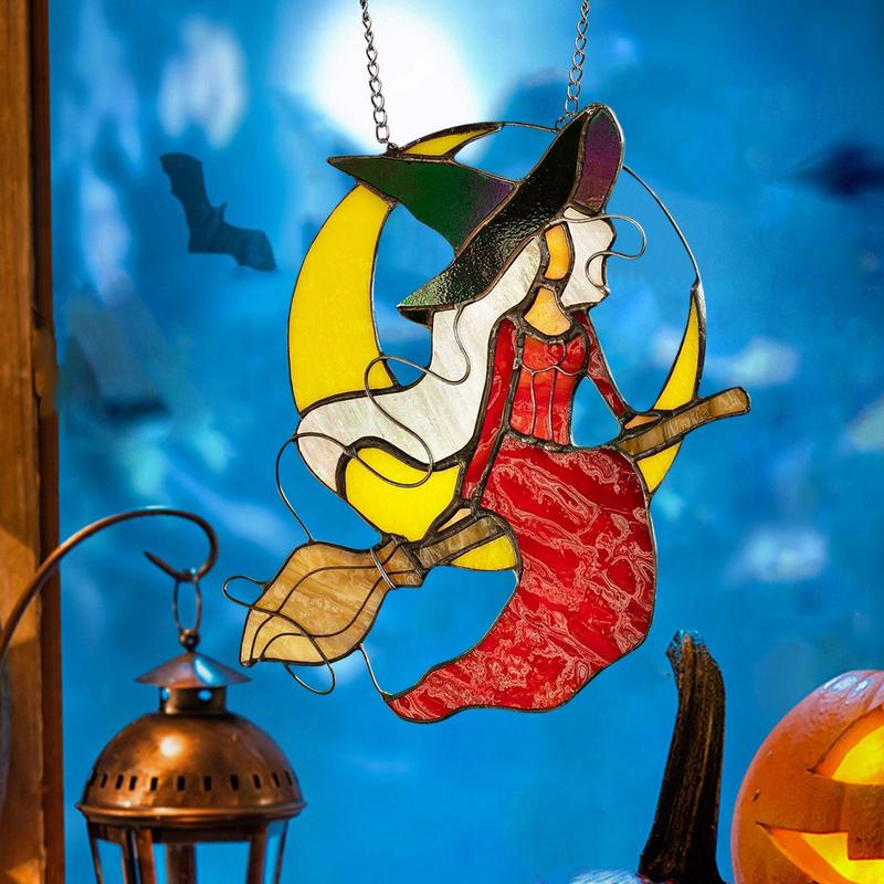 Witch Stained Glass Halloween Witch Decor Riding Moon 2D Witch On Moon Decor Acrylic Home Witch Gothic Decor For Bedroom Kitchen