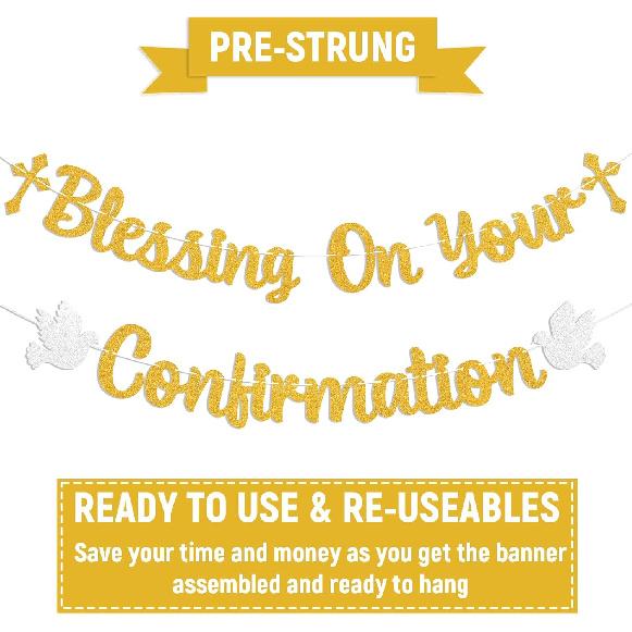 Blessing On Your Confirmation Banner - First Communion, My Baptism, Enagegment/Christening/Baby Shower/Wedding Party Decorations Gold Glitter
