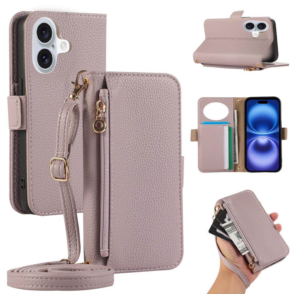 For iPhone 16 Wallet Phone Case Shockproof TPU+PU Leather Flip Cover with Mirror, Strap - Brown