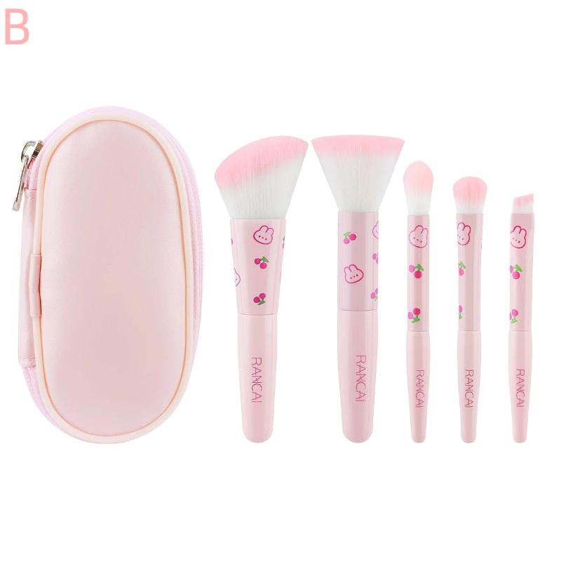 5Pcs Cute Compact Makeup Brush Set With Case Premium Brush For Flawless Foundation, Blush, Eyeshadow Application Beauty Tools