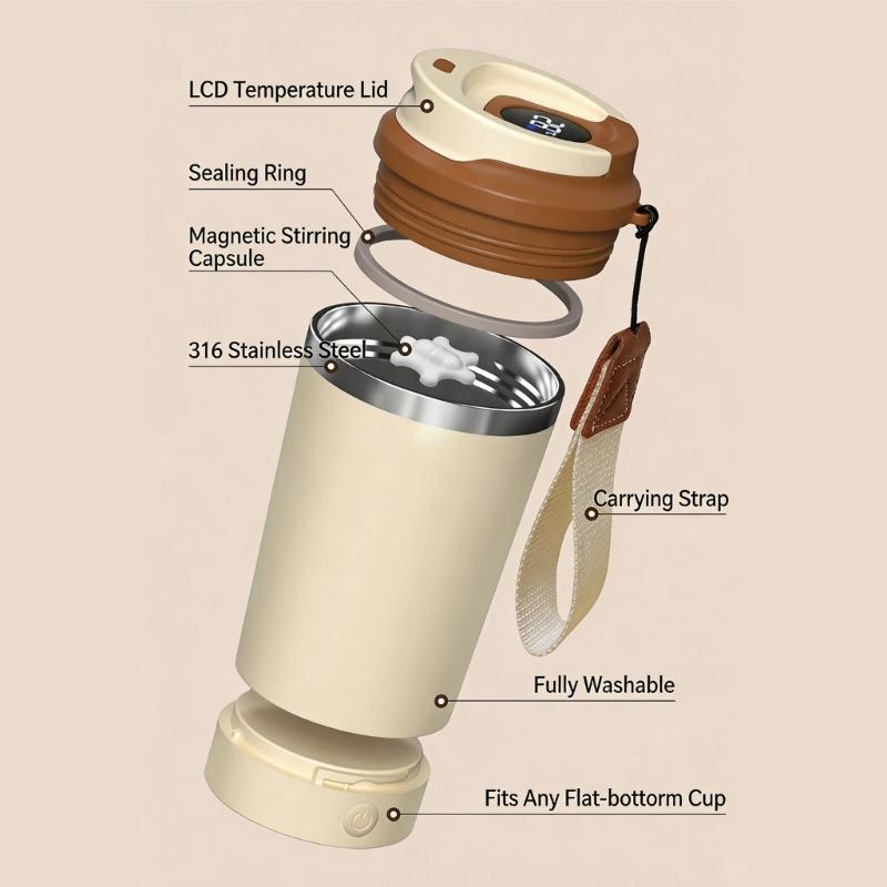 Rechargeable Automatic Stirring Cup with Top-Mounted Temperature Display, Button-Activated Mixing, Removable Base, and 316-Grade Interior