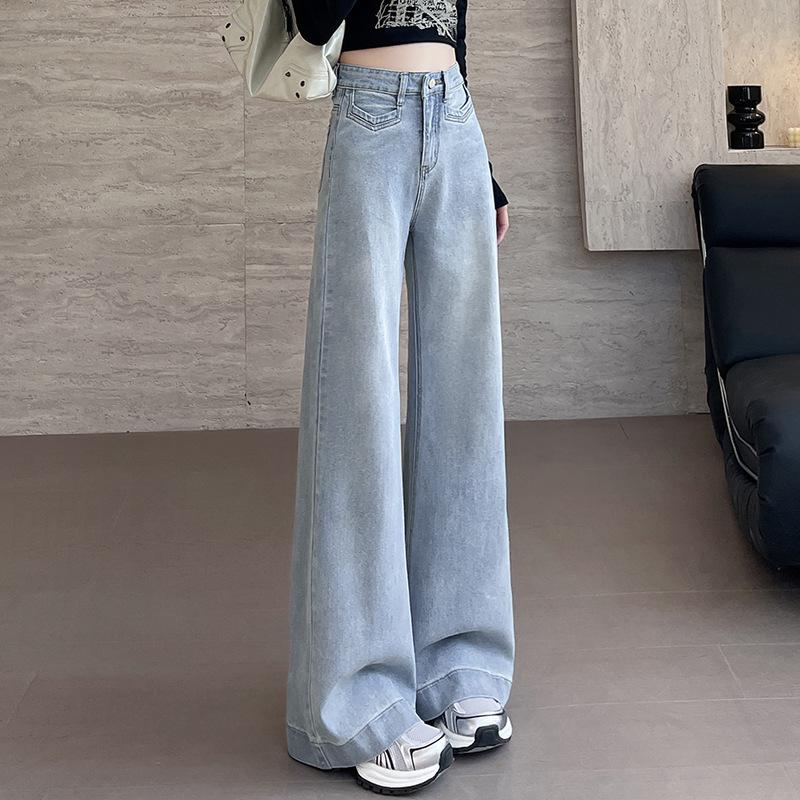 Women's High-Waisted Light Blue Wide-Leg Jeans - Spring/Autumn 2025, Slimming Loose Straight-Leg Floor-Length Pants