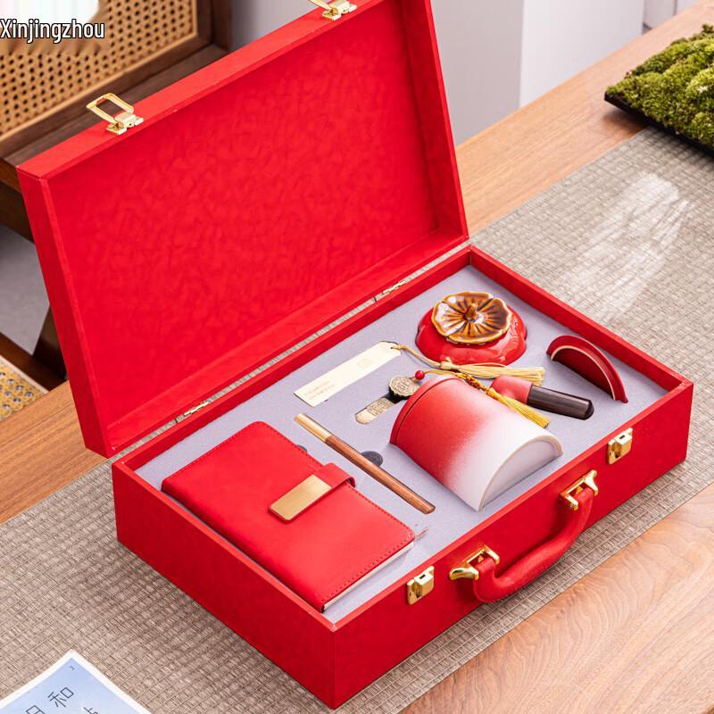 Business Gift Set: Gradient Red Tea Cup & Notebook