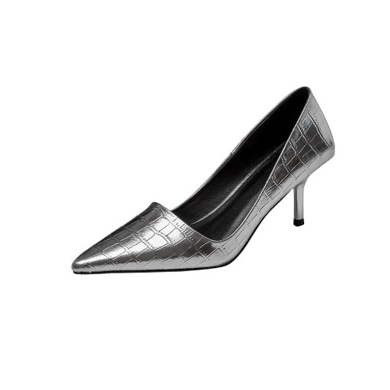 

Fashion Women s New Style Genuine Leather Embossed Cowhide Pointed Heels High Heels Large Fashion Shoes Work Single Shoes 265 серебряный