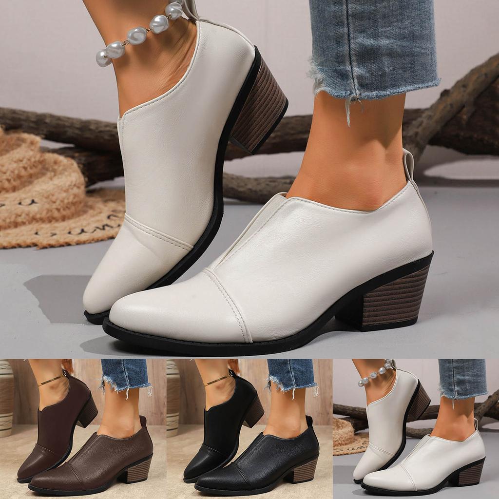 Klobiger Absatz Spitze Zehen Damen Schuhe Modisch Einfarbige Leder Schlupf Klassische Stiefeletten Lederstiefel Damen Absatz